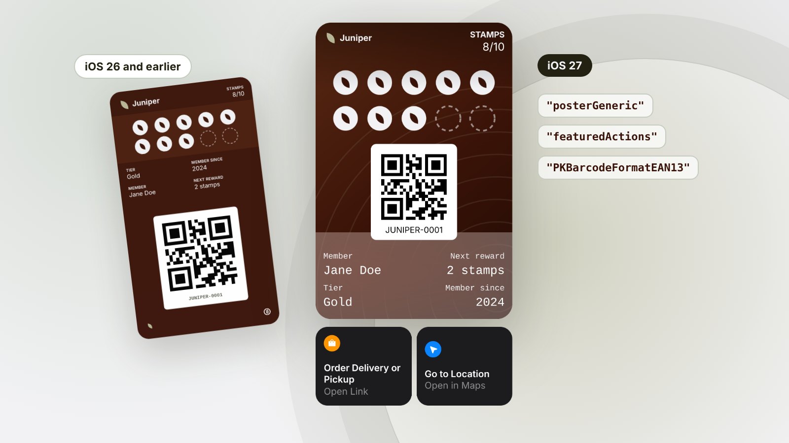 An iOS 27 poster loyalty pass with featured action buttons beside the store card layout that iOS 26 and earlier show